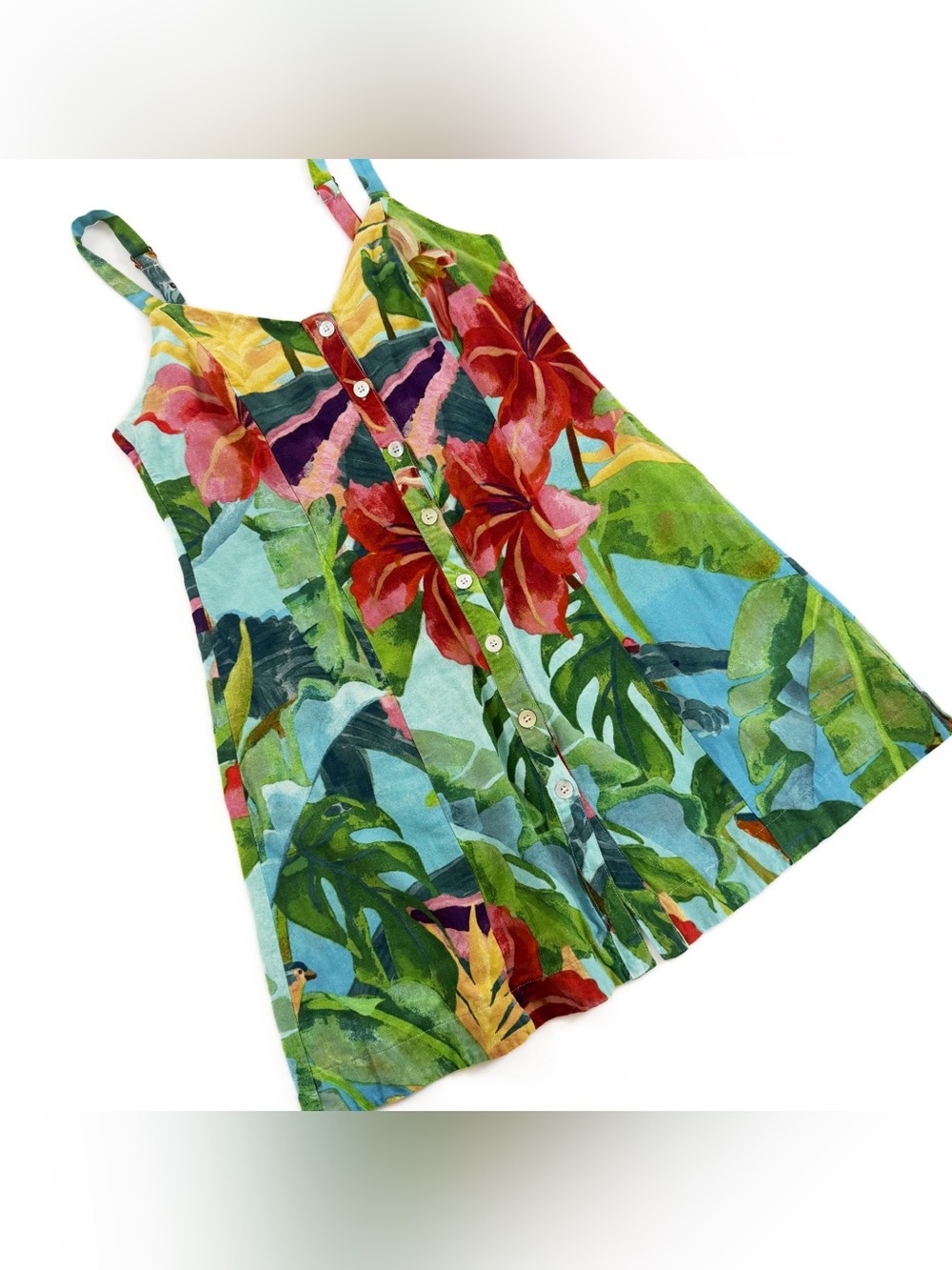 Farm Rio Dress Womens Large Linen Blend Tropical Floral Bird Mini